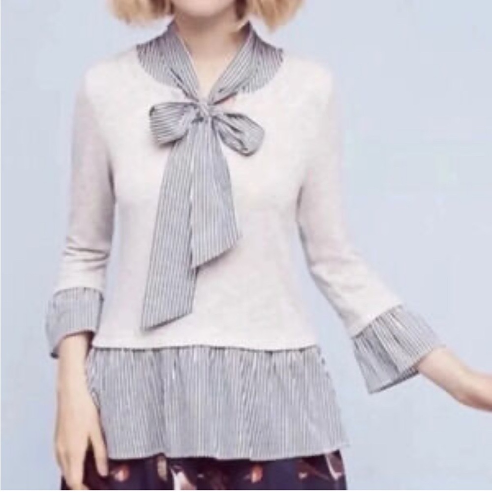Anthropologie Grey and Blue Bow Blouse